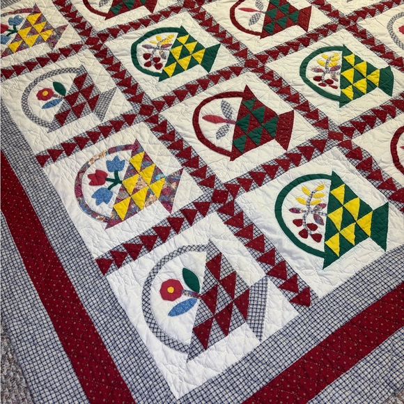 Vintage Patchwork Quilt Flower Basket With Shams 78x79 Appliqué Quilted - Picture 9 of 16